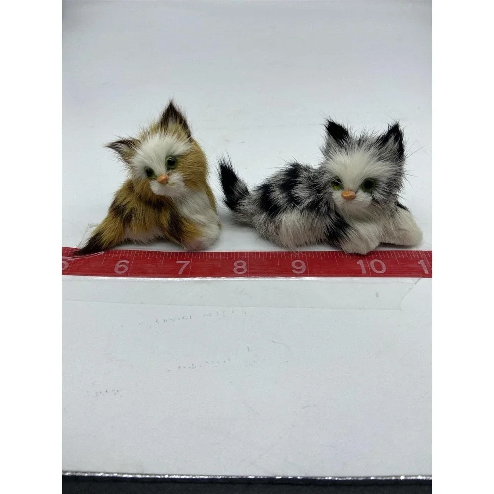 Vintage Realistic Rabbit Fur Miniature Kitten Figurines Set of 2 Cat Decor
